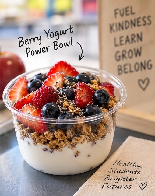 Berry yogurt power bowl topped with fresh berries and granola