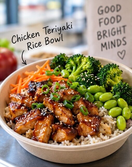 Chicken teriyaki rice bowl with broccoli, carrots and edamame