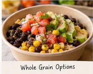 Whole grain bowl with black beans, corn and avocado