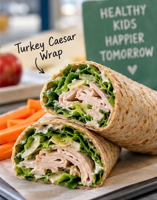 Turkey Caesar wrap sliced in half with fresh greens